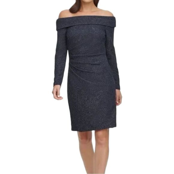 ELIZA J Off-The-Shoulder Glitter Sheath Dress Steel Gray Size  4 - Picture 1 of 12